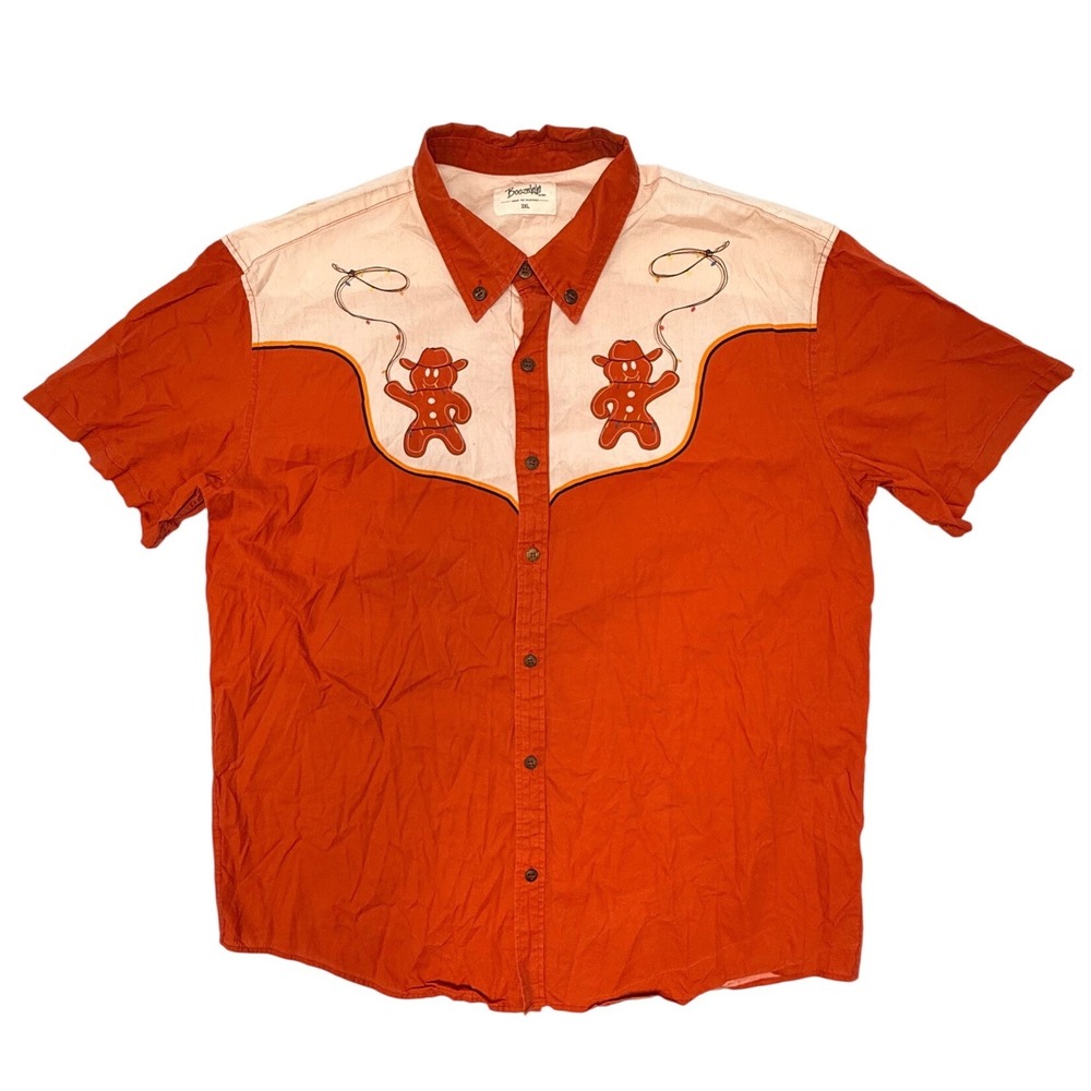 Boozelele Mens 2XL Western Shirt Red Cowboy Gingerbread Man Short Sleeve Cotton